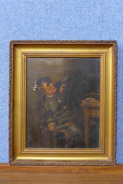 English School (19th Century), young boy fighting off a wasp, oil on canvas,