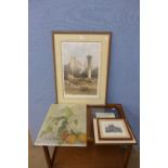 An etching of Budapest, a print of Karnac, still life, oil on canvas, etc.