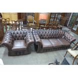 A Chesterfield brown leather settee and armchair