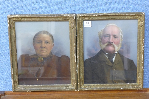 A pair half portrait over painted photographs,