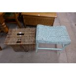 A fishing basket and a wicker stool