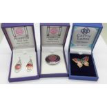 A Rennie Mackintosh Sea Gems enamel brooch and earrings and Sea Gems butterfly brooch