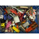 A box of die-cast vehicles including Dinky,