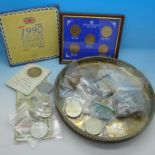 Four £5 coins, other crowns and coins, banknotes, etc.