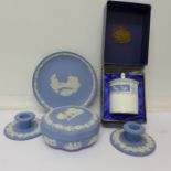 Four items of Wedgwood Jasperware and a Coalport lidded pot