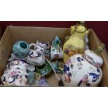 A box of decorative china including a Shelley Chelsea dish, Aynsley Orchard table lamp,