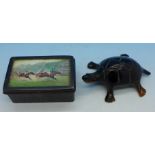 A tortoiseshell figure of a tortoise and a 19th Century box with horse racing watercolour vignette