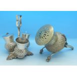 A silver plated sugar shaker and cruet set in the form of Scottish thistles