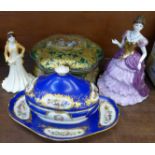 Two Coalport figures, a Sevres lidded pot, a/f,