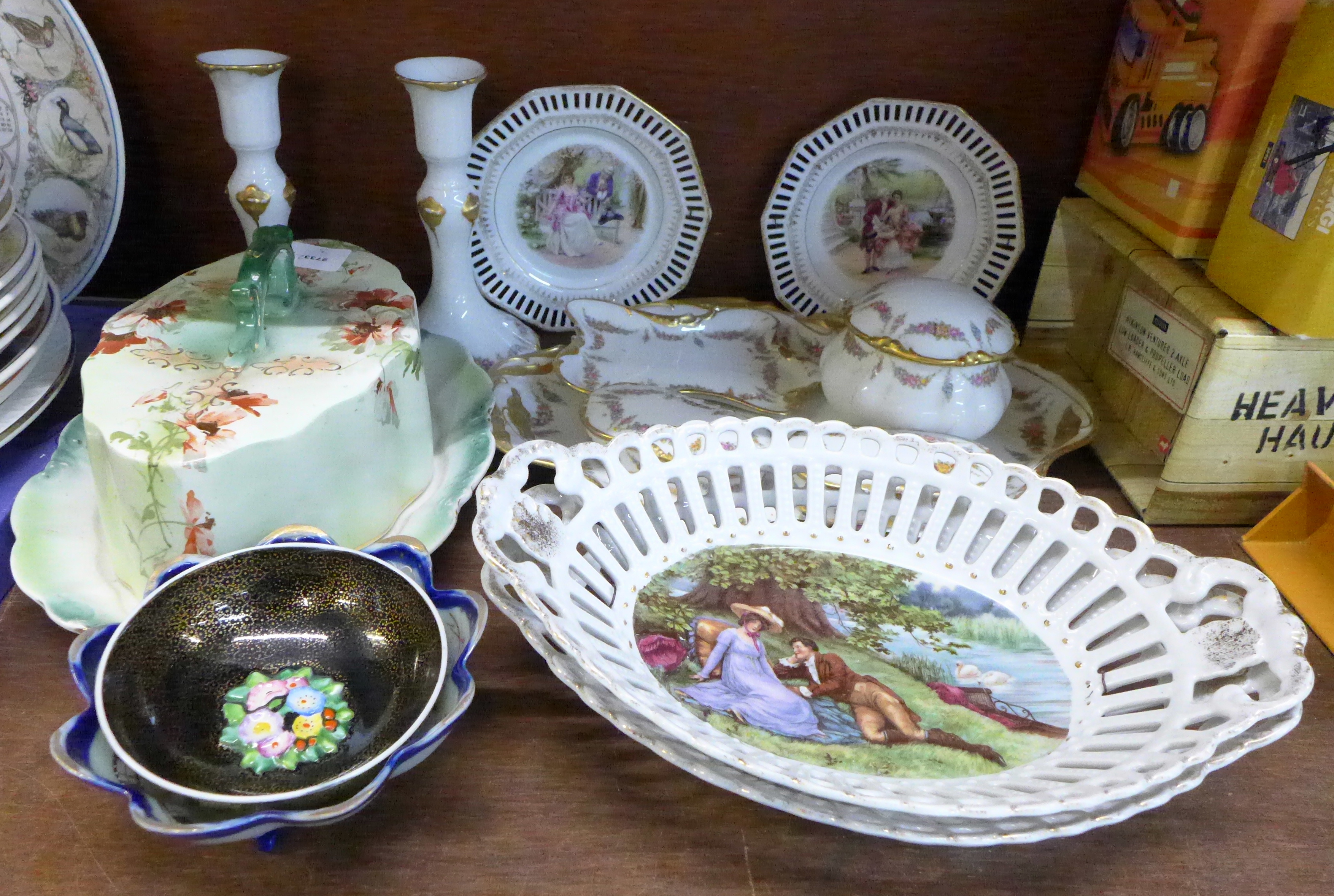 A Limoges dressing table set with a pair of candlesticks, candlesticks a/f,