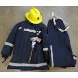 A fire brigade helmet, 1990, jacket, trousers,