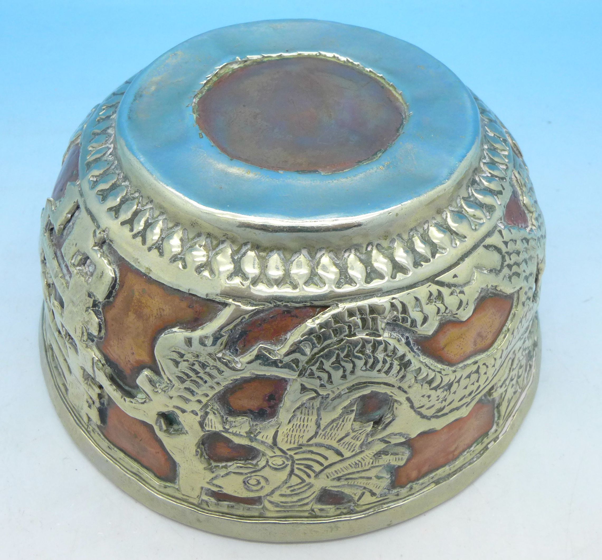A Chinese white metal and copper bowl, - Image 3 of 4