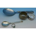 A Danish serving spoon with mark on handle, two napkin rings including silver Charles Horner,