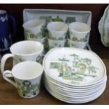 Figgio of Norway, seven cups, ten tea plates, two serving plates and milk jug, Market pattern,