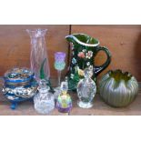 Glassware including perfume bottles, a green lustre bowl, a Caithness vase, etc.