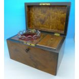 A 19th Century walnut tea caddy with glass bowl, width 22.