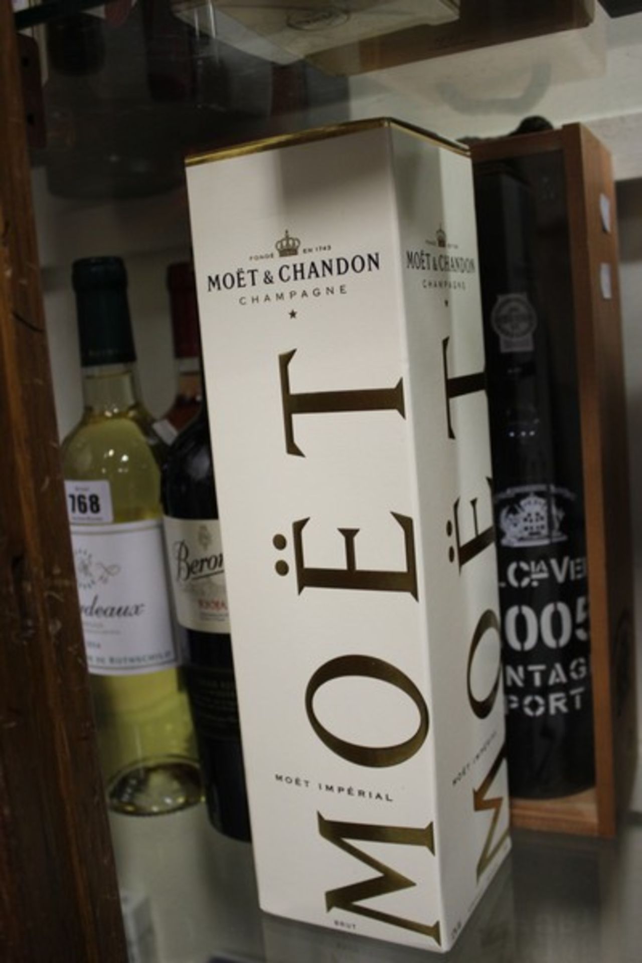 Moet & Chandon Moet Imperial champagne (750ml), real Cia Velha 2005 vintage port in wooden box (