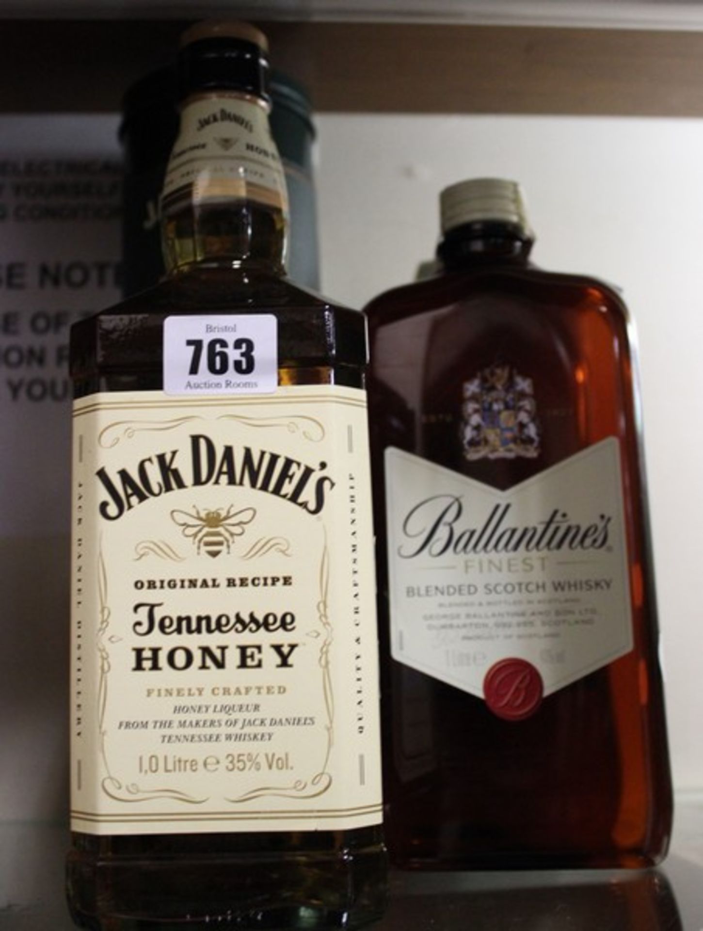 Jack Daniel's Tennessee Honey (1ltr), Jameson Irish whiskey (700ml) and two Ballantine's whisky (