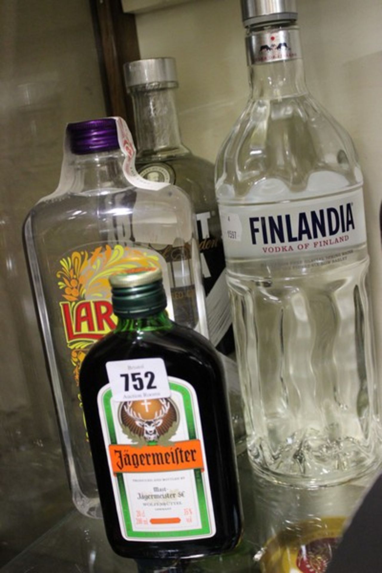 Finlandia vodka (1ltr), Absolut Vanilia flavored vodka (1ltr), Larios dry gin (1ltr), Jagermeister