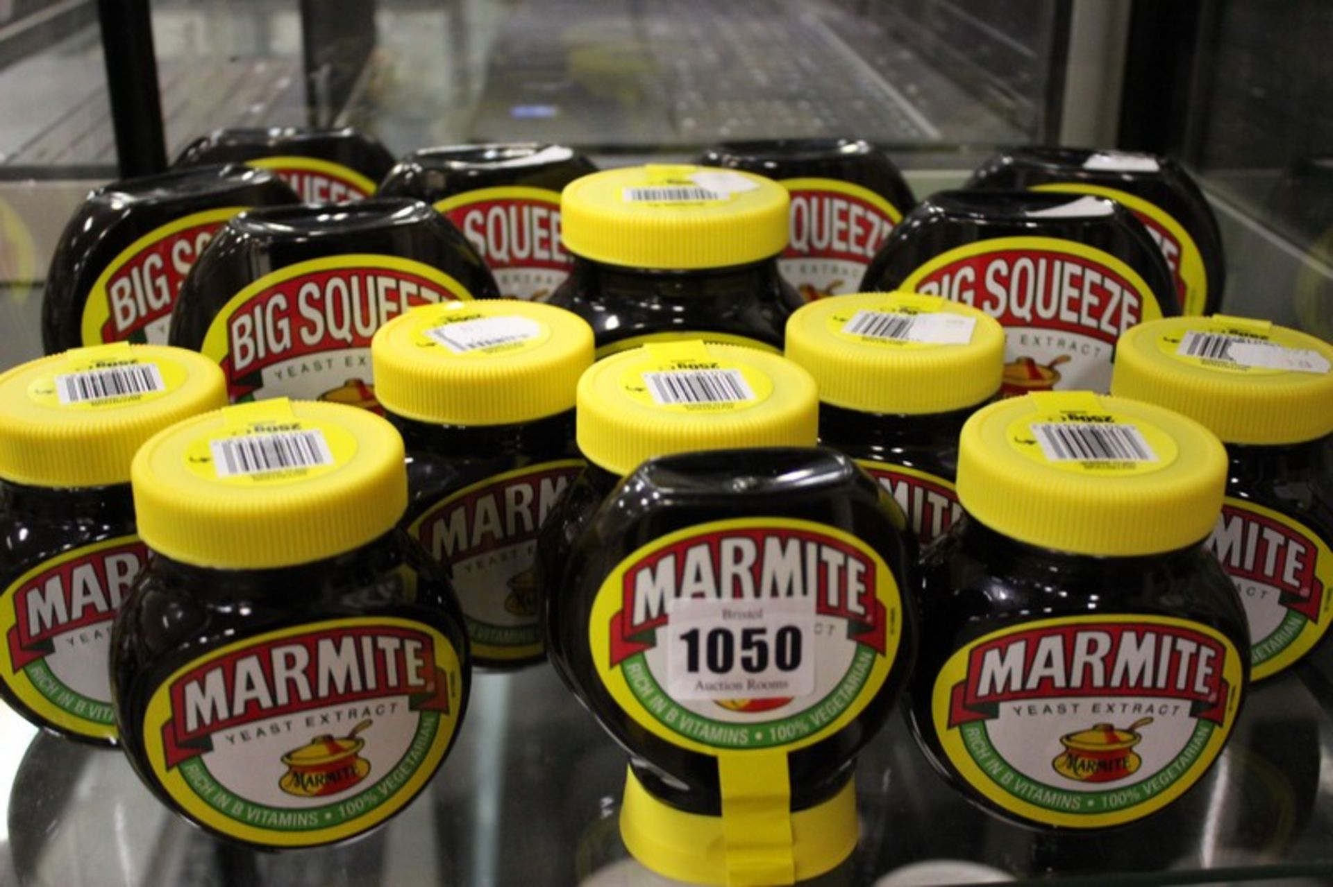 Sixteen assorted jars of Marmite (1 x 500g, 7 x 400g, 7 x 250g and 1 x 200g).