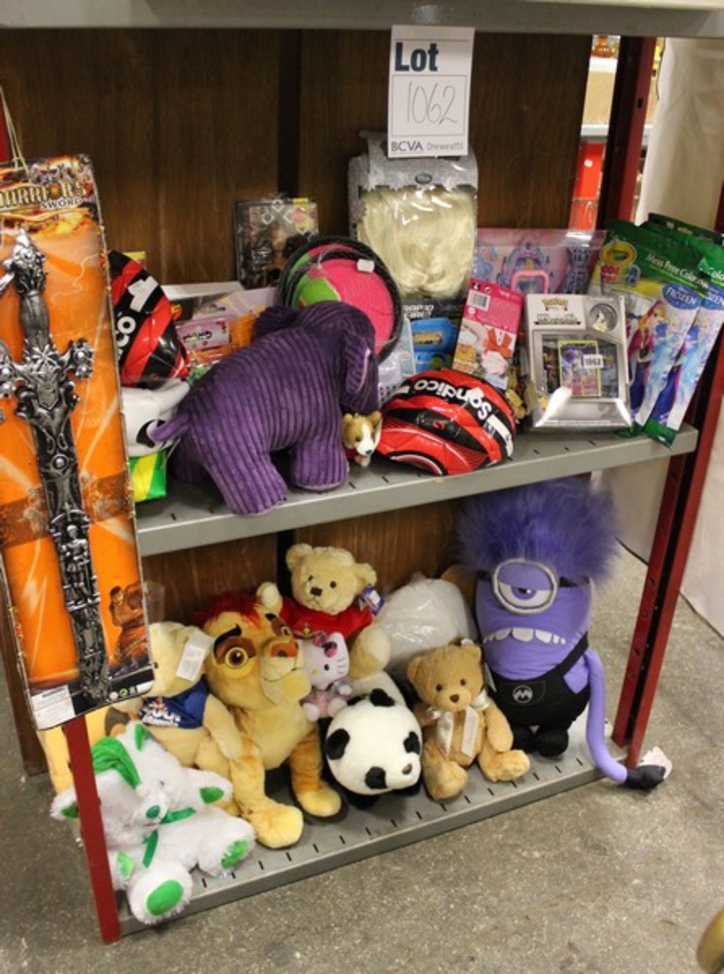A quantity of boys/girls toys to include soft toys, footballs, swords, Frozen dressing up wig etc.