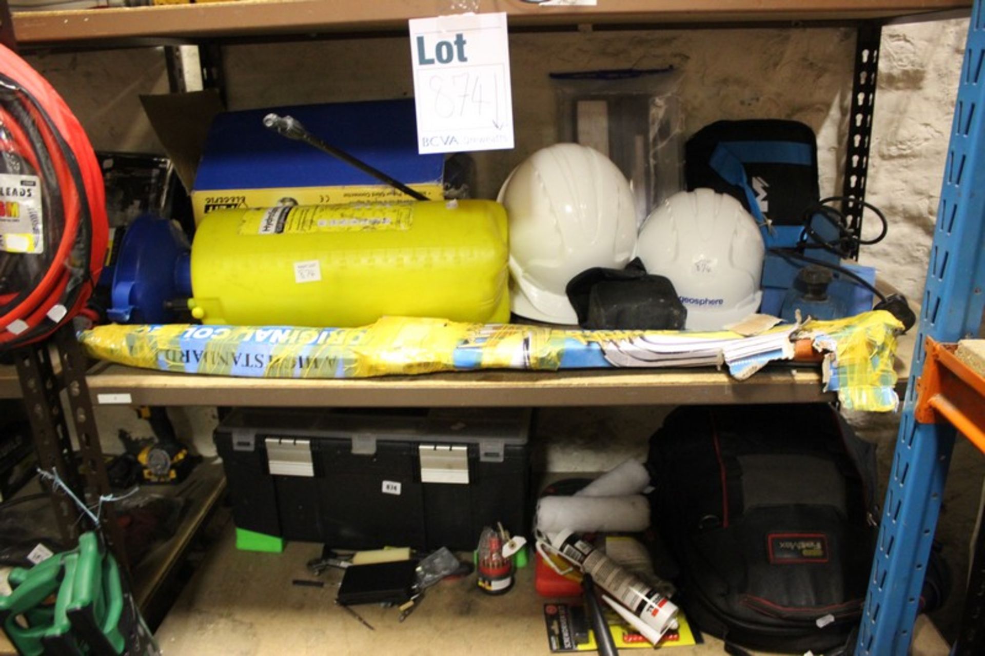 A quantity of tools to include hard hats, hydro sprayer, tool case etc.