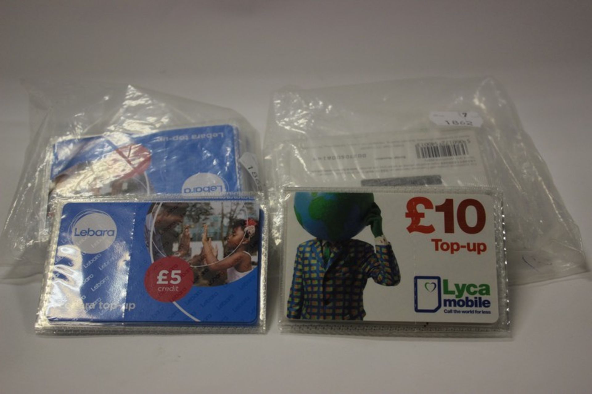 Forty £10 Lyca mobile top up cards and forty £5 Lebara mobile top up cards.
