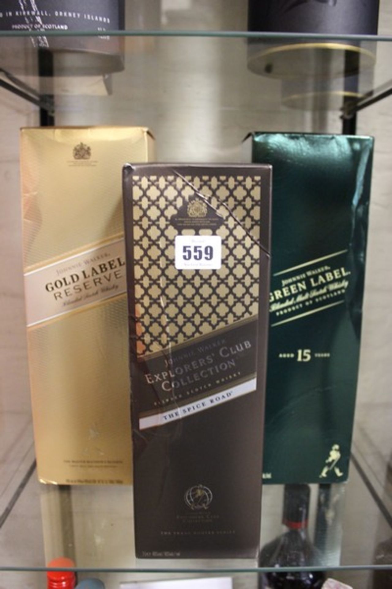 Three Johnnie Walker whisky; Gold Label Reserve (1ltr), Green Label (1ltr) and Explorer's Club
