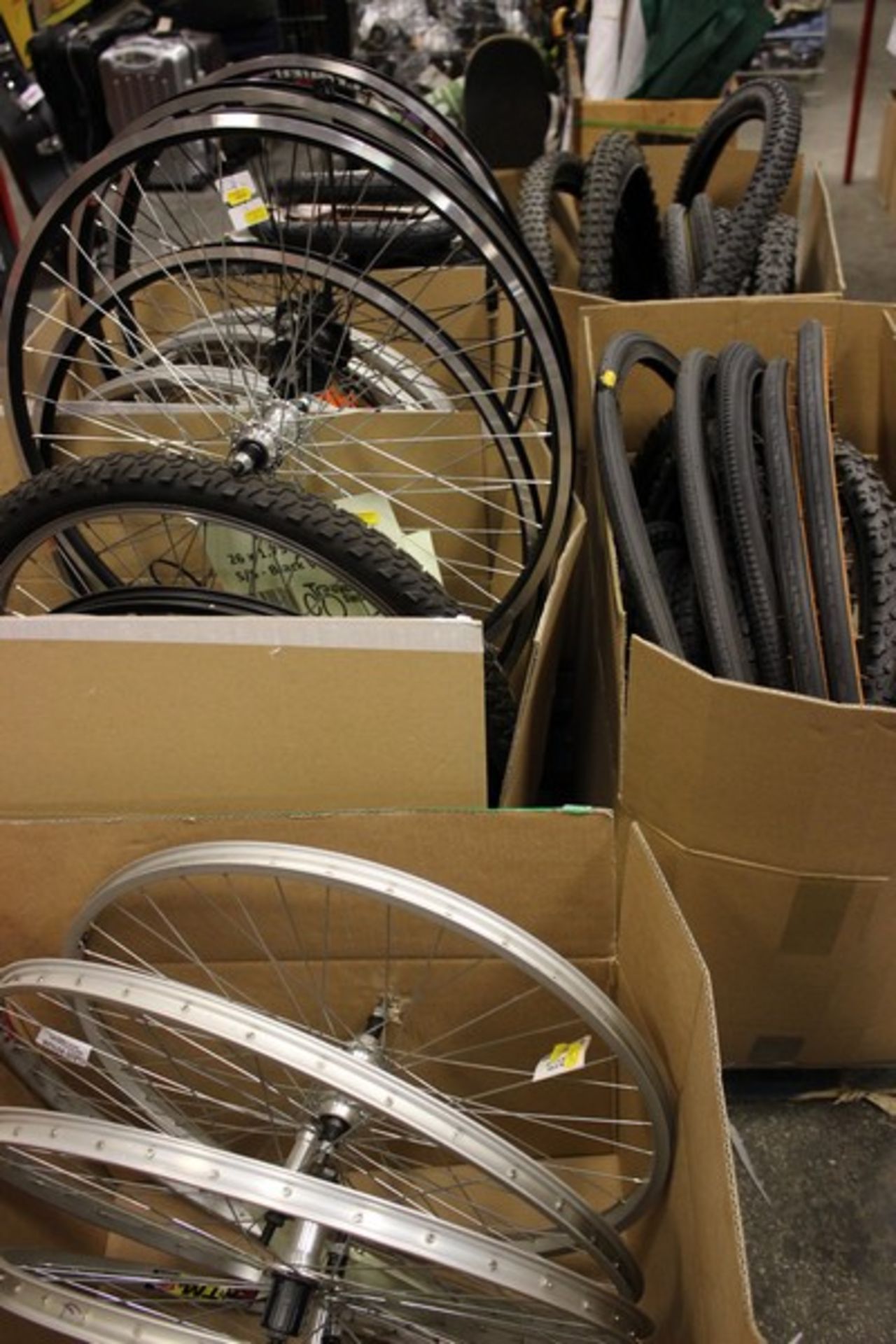 A quantity of bike tyres and wheels, assorted sizes and makes.