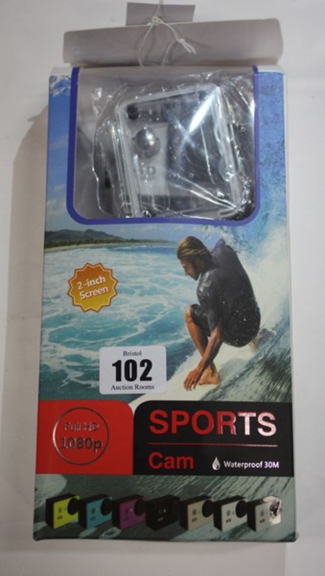 A HD waterproof sports cam with accessories.