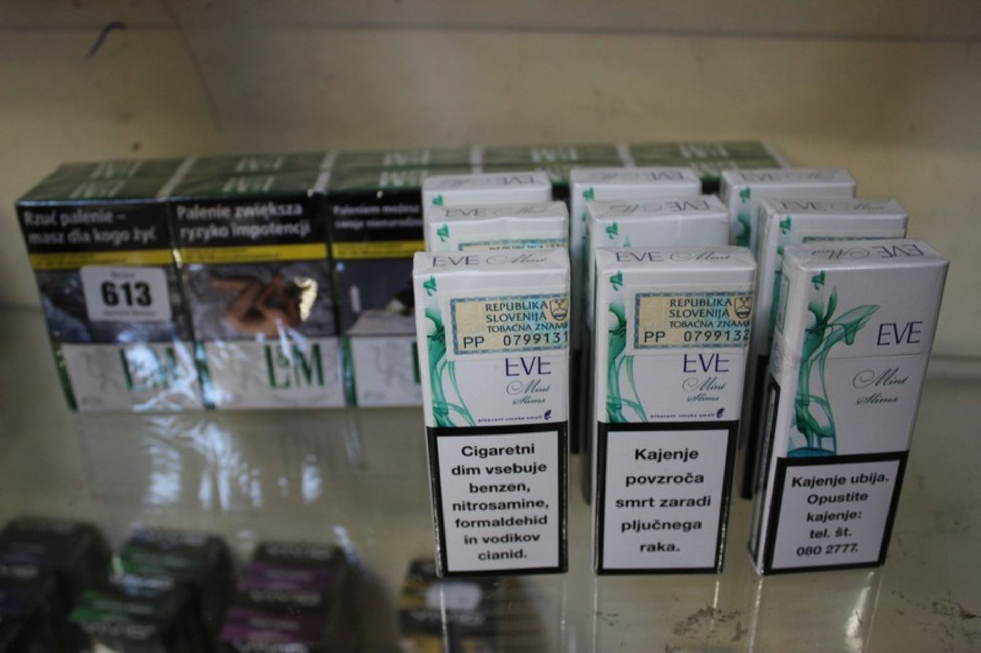 A carton of L&M Green Label cigarettes (200) and nine packs of Eve Mint Slims (20 cigarettes per