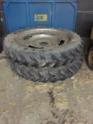 Two 12.4 x 4.6 Row Crop wheels. Alliance tyres, 8 stud 275mm PCD, 220mm hole, bolt in centres.