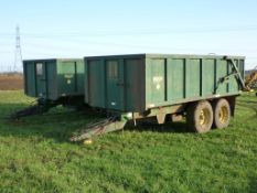 1986 Bailey 12 tonne tandem axle trailer with hydraulic tailgate, grain Shute and sprung drawbar.