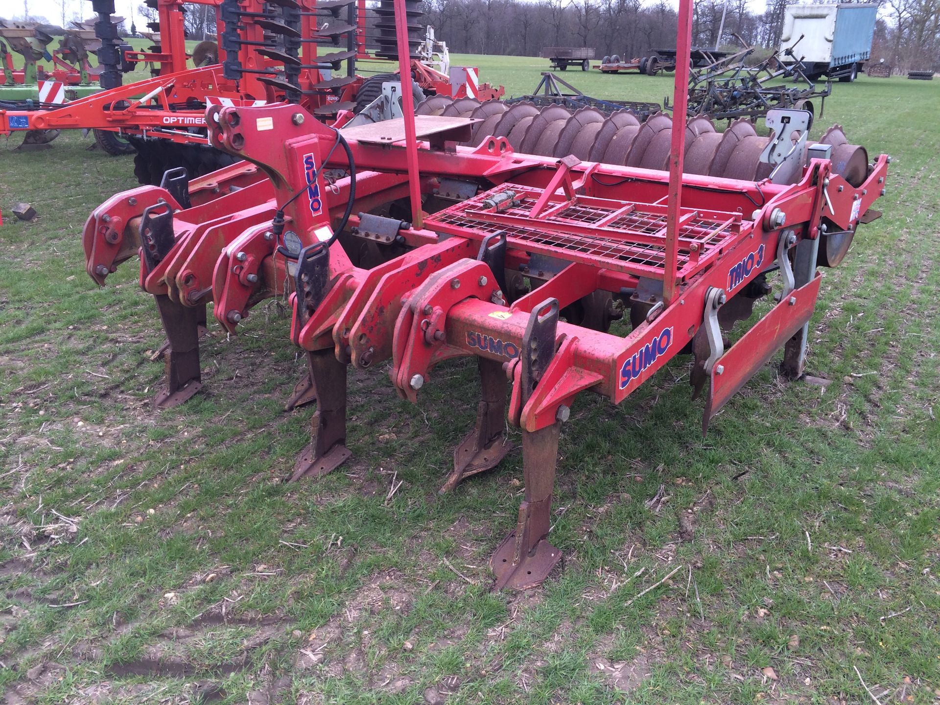 Sumo Trio 3m 6 leg cultivator with rear packer cedar platform and lighting kit.