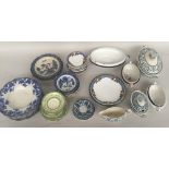 A selection of blue and white china including Booths Real Old Willow pattern plates and part tea