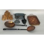 A mixed lot to include two long handle copper cooking utensils, a vintage flat iron, chamber stick,