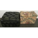 Two button back foot stools with internal storage one with floral fabric and the other green (2)