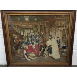 20th Century tapestry panel depicting figures and soldiers in a boudoir setting, framed,
