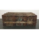 A vintage wood and metal trunk with leather handles 52x92x32cm
