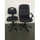 An architect's chair with adjustable height together with another office chair on castors