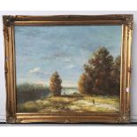 British School, late 20th century, landscape view with autumnal trees with one person,