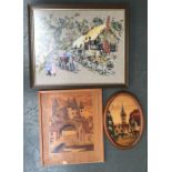 A quantity of pictures including an embroidery sampler of a village scene with thatched cottages,