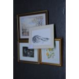 A framed embroidery of flowers together with asigned print of a cat by Kate Maudsley signed