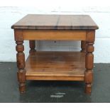 A pine square coffee table the square top over turned legs with undershelf 52x52x46