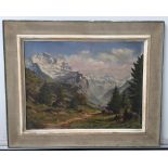 European School, 20th century, Alpine Landscape with sunlit snowy mountains in the distance,