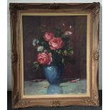 European School, Still life with pink and white roses in a blue vase, oil on canvas,