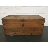 A vintage wooden trunk with metal handles and reinforced metal corners, inside tray,