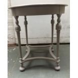 A round grey painted side table raised on turned legs 67cmD