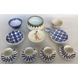 A small set of blue and white ceramics by Churchill together with a cake stand and a silver rimmed