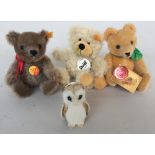 Four soft toys to include one Steiff original Charly in beige soft cuddly plush 16cm together with